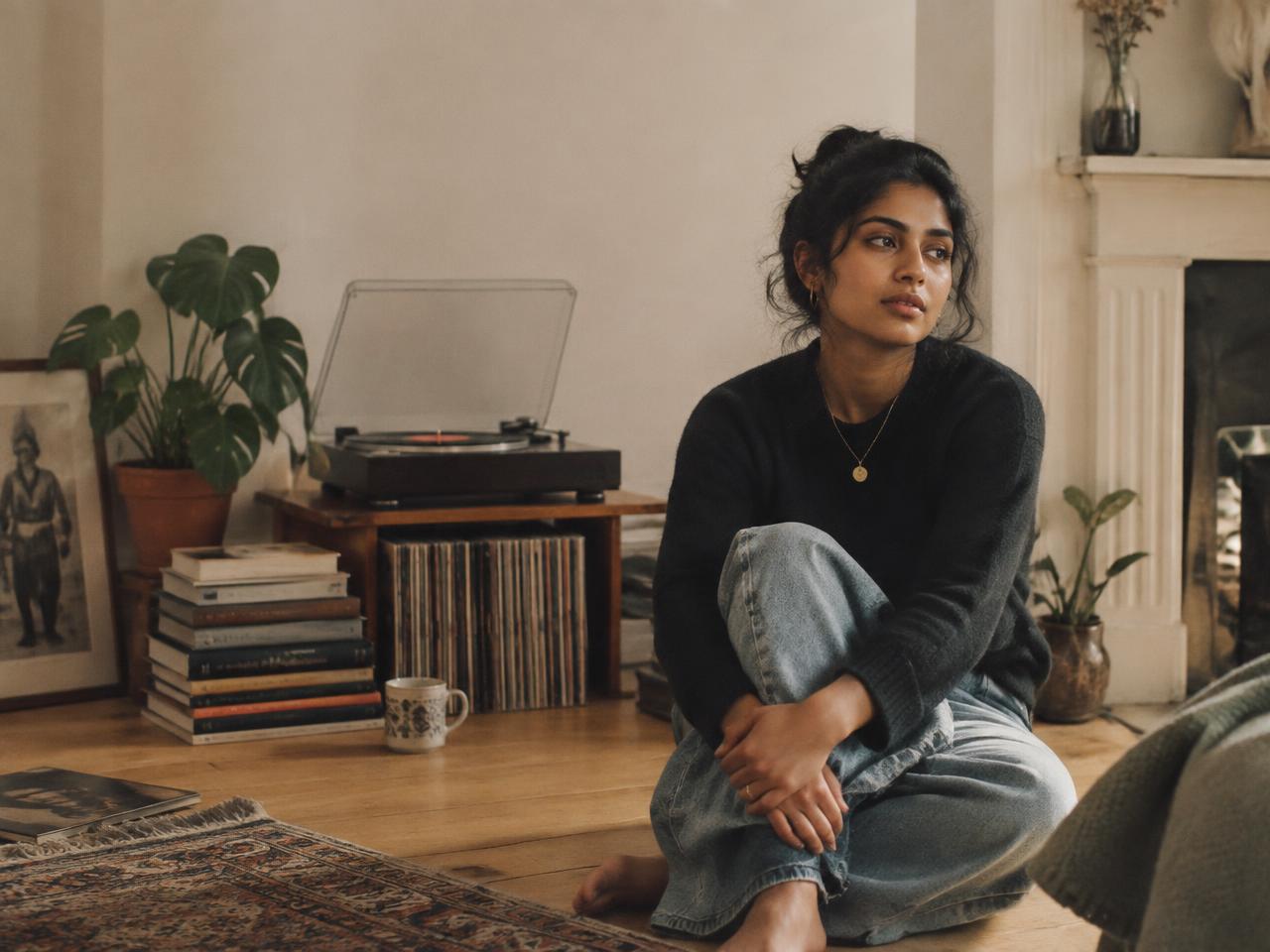 Tameera-Helena Ladva sitting beside a record player and a stack of books