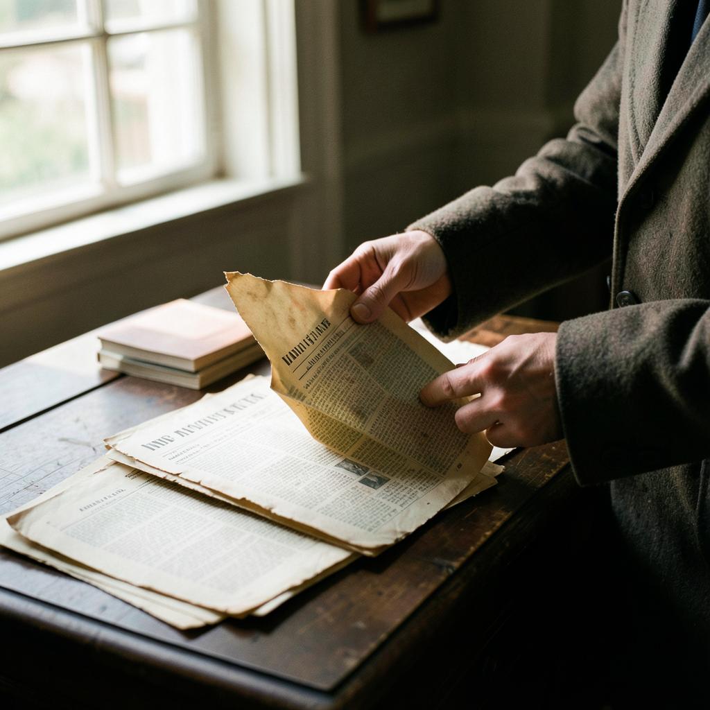 Hands sorting aged archival newspapers on a dark wooden desk by a window