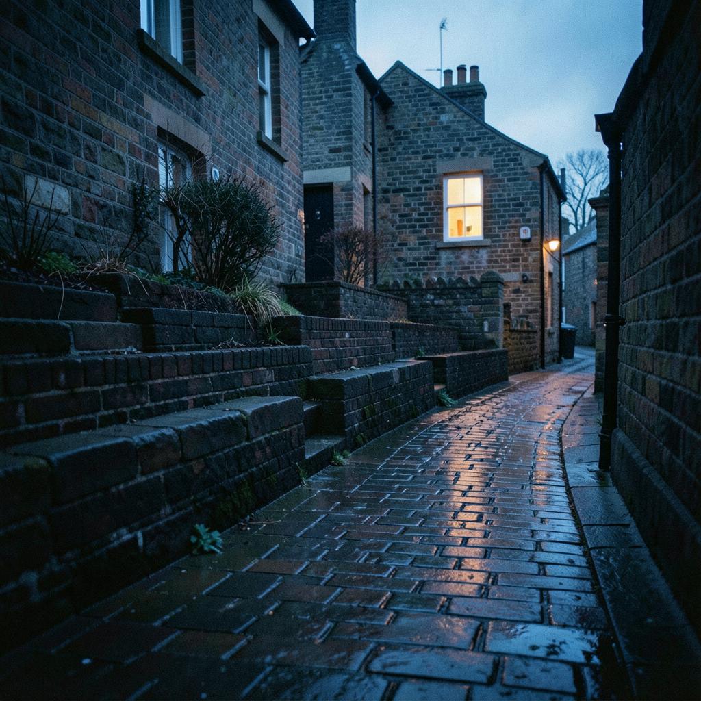 A terraced brick street in northern England at dusk, one window lit