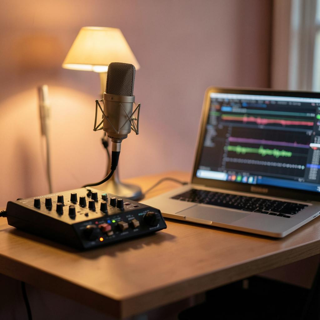 A home studio desk with microphone, audio interface and a laptop running a multitrack session