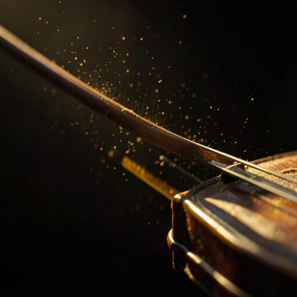 Close-up of a violin bow drawing across strings in golden light