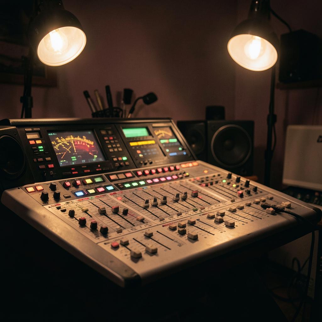 A radio studio mixing desk with faders and glowing meters under warm lamps