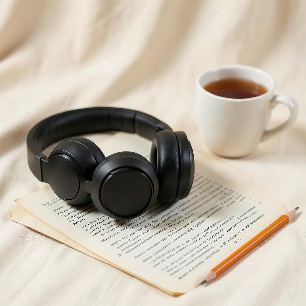 Studio headphones resting on typed script pages beside a cup of tea