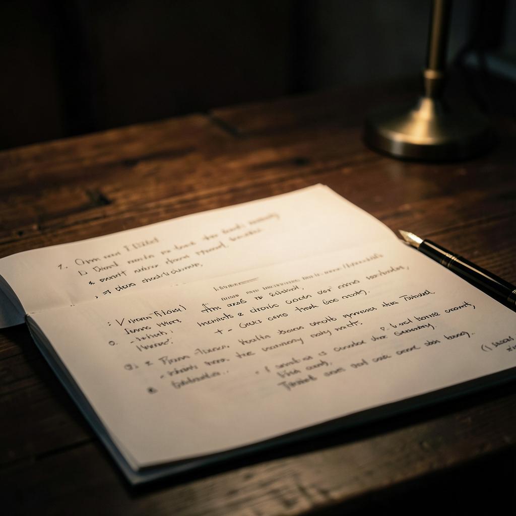 Manuscript pages with handwritten annotations under warm lamp light