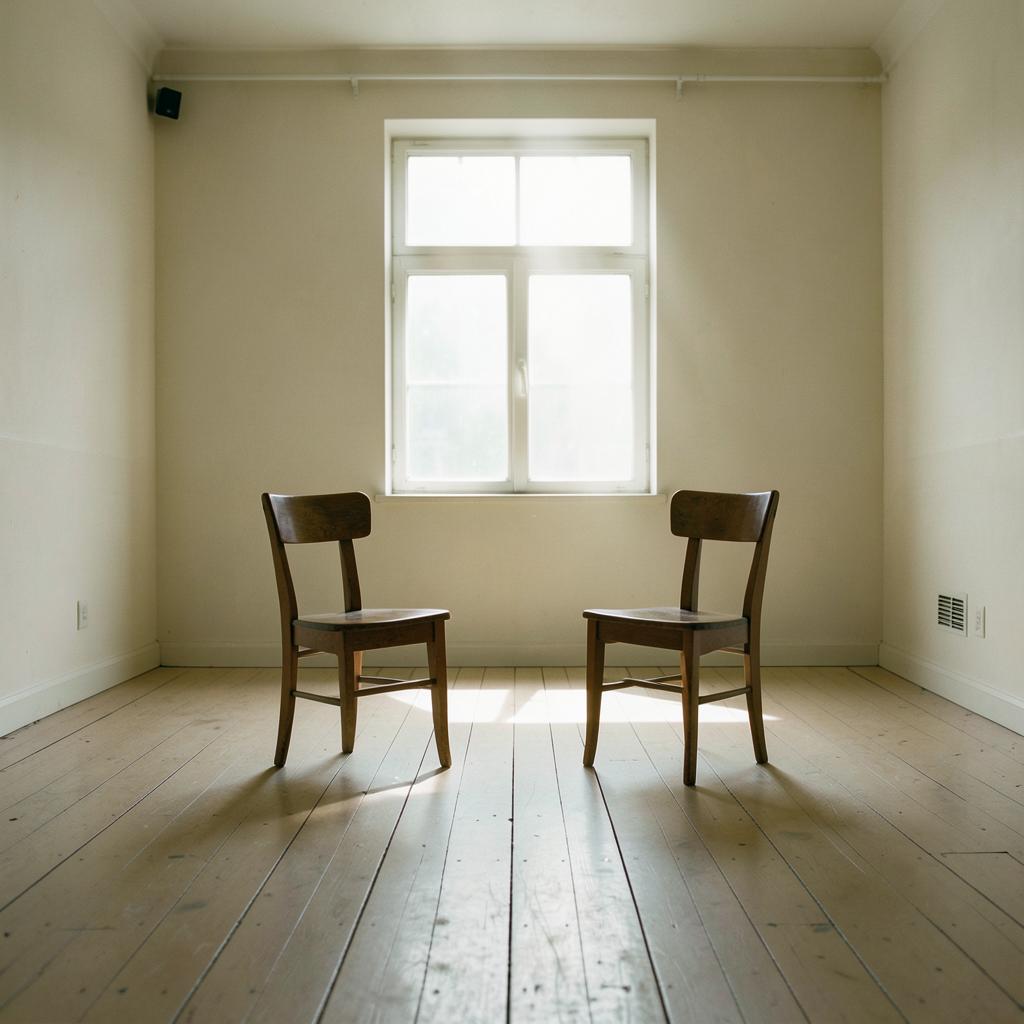 Two wooden chairs facing each other in an empty rehearsal room